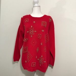 Vintage Victoria Jones Red Gold Beaded Sweater Large